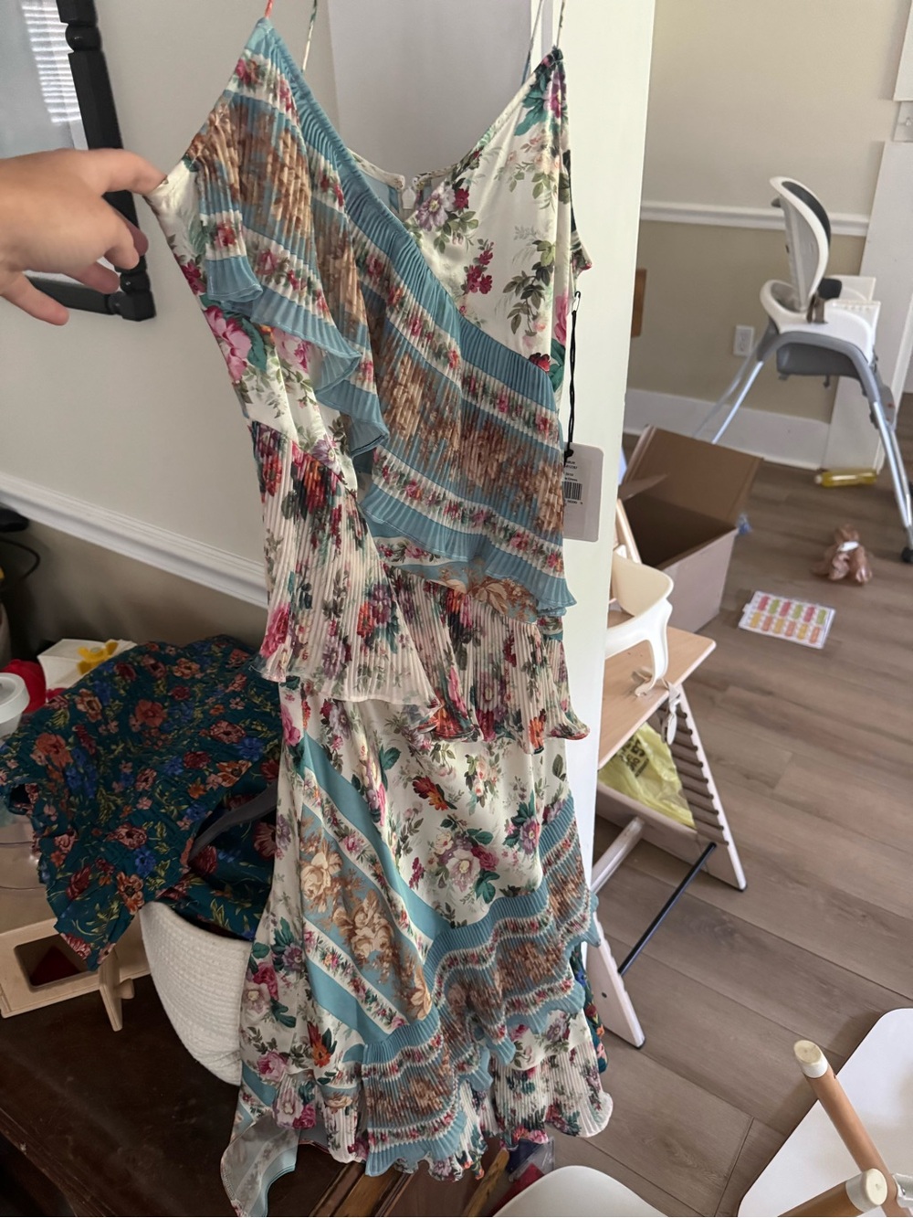 AMUR Floral Midi Dress in Blue and Cream